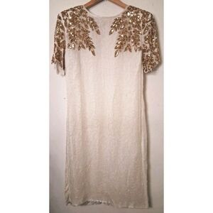 VTG Jewel Queen White Silk Beaded Cocktail Dress Gold Sequin Shoulder Pads NEW